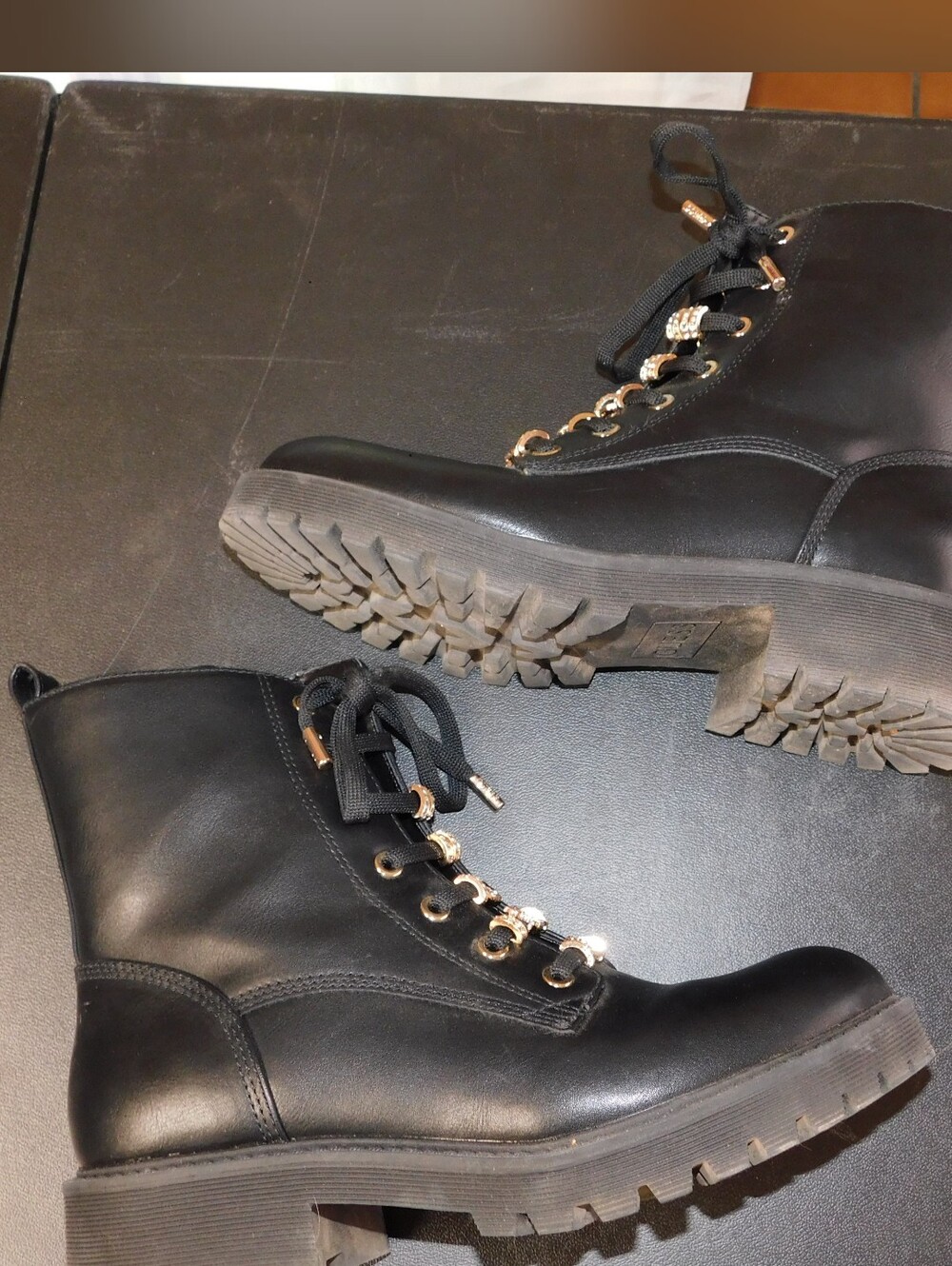 GUESS Black Lace-Up Combat Boots with Gold Hardware